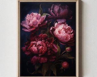 PRINTABLE Dark Moody Peony Oil Painting, Cottage Dark Academia Wall Art, Bold Botanical Flower Print, Whimsigoth Victorian Maximalist Art
