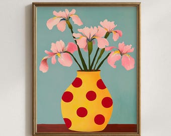 Vase floral éclectique rétro, décor dopamine imprimable | Fleur Cottagecore | Art mural moderne du milieu du siècle