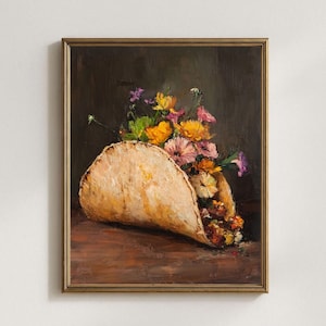 Arte de parede com tacos de flores, estampa para cozinha gourmet, natureza-morta floral divertida, maximalismo kitsch, decoração peculiar, arte pop gastronômica, pintura surrealista