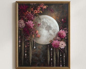 Floral Moon Printable | Witchy Wall Decor | Dark Academia Print | Gothic Botanical Wall Art | Celestial Flower Print | Lunar Cottagecore Art