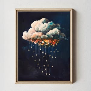Digitalt konsttryck med regnblommor | Stormmolnmålning | Maximalistisk Cottagecore-väggkonst