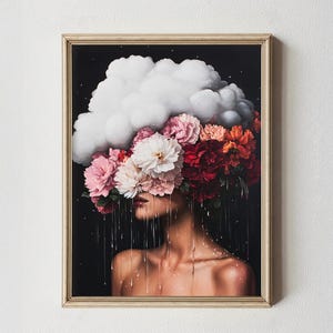 Head in Clouds Surreal Woman Portrait Printable Moody Maximalist Digital Print | Eclectic Floral Decor