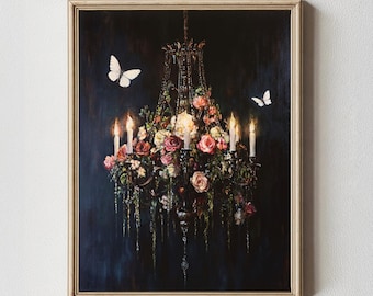 Floral Moth Chandelier Digital Art Print | Dark Academia Decor | Whimsigoth Victorian Wall Art