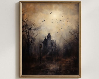 May include: A framed wall art print depicting a dark, multi-story house surrounded by bare, leafless trees under a cloudy, sepia-toned sky. A flock of black birds flies above the structure, and a single lit lamp post stands in the foreground.