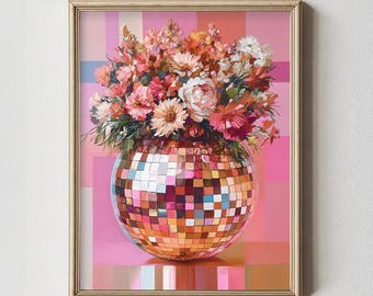 PRINTABLE Disco Ball Floral Print, Coquette Wall Art, Pink Maximalist Painting, Retro Eclectic Wall Decor, Wildflower Bouquet, Y2K Aesthetic