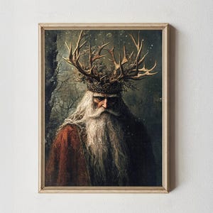 Peinture à imprimer Holly King, impression Moody Yule, art mural Noël ferme, décoration de cabane d'hiver, père Noël sombre, vacances rustiques, Cottagecore