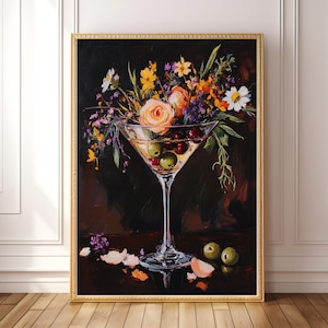 Floraler Martini Kunstdruck - skurrile botanische Cocktail Wandkunst, digitales Blumen Stillleben, stimmungsvolles Bar Dekor, Wildblumenstrauß