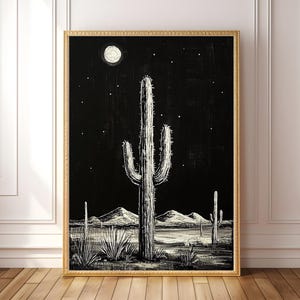 DRUCKBARE Kaktus Nacht Kunst - Gothic Wüste Wanddekoration, schwarz und weiße Mond Druck, neutrale Boho Saguaro Wandkunst