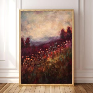 May include: A painting depicting a field of wildflowers in shades of purple, red, and orange. The sky is a soft yellow and white, with a hint of blue in the distance. The painting has a dreamy, ethereal quality.