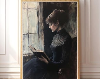 以下が含まれることがあります： 窓際に座って本を読んでいる、暗いドレスを着た女性の絵。女性は黒髪で、本を見つめている。絵は写実的なスタイルで描かれており、暗くてムードのある雰囲気を持っている。