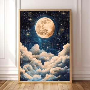 DRUCKBARE Vollmond Wandkunst - Himmlischer Nachthimmel mit leuchtenden Sternen und Wolken, verträumter digitaler Download für Mondliebhaber, dunkle Academia Druck