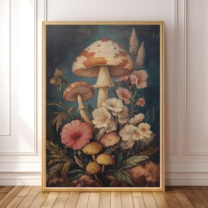 PRINTABLE Vintage Mushroom Floral Art | Dark Cottagecore Wall Decor | Botanical Fungi Digital Print | Whimsical Nature Art Download