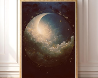 Arte de parede de lua crescente para impressão – Download digital de céu noturno nublado místico, decoração celestial de fantasia para espaços oníricos, arte de academia sombria