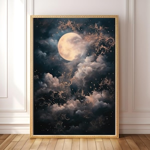 Arte mural imprimible de luna creciente: descarga digital de cielo nocturno místico y nublado, decoración celestial de fantasía para espacios de ensueño, arte de Dark Academia