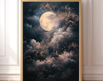 Arte de parede de lua crescente para impressão – Download digital de céu noturno nublado místico, decoração celestial de fantasia para espaços oníricos, arte de academia sombria
