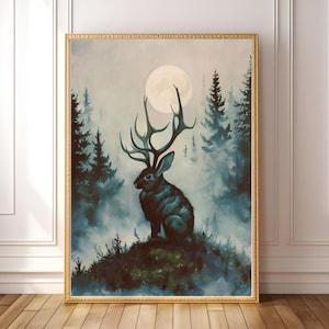 PRINTABLE Jackalope Wall Art | Mystical Forest Creature Print | Dark Cottagecore Decor | Fantasy Woodland Digital Art | Instant Download
