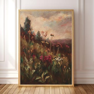 PRINTABLE Moody Wildflower Landscape Print – Burgundy Field Wall Art, Romantic Cottagecore Decor, Autumn Sunset, Dark Floral Painting