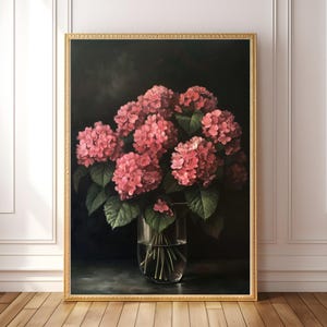 Pintura a óleo de hortênsia rosa para impressão, decoração de sala Dark Academia, arte de parede floral escura e temperamental vitoriana, impressão de buquê de flores Cottagecore