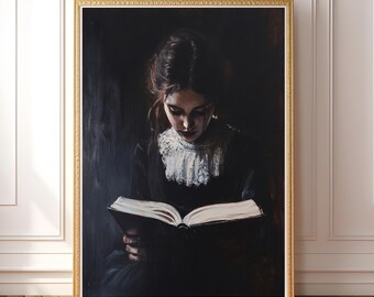 以下が含まれることがあります： 薄暗い部屋で本を読んでいる、暗いドレスを着た若い人の絵。人物は薄暗い部屋に座って本を見つめている。絵は写実的なスタイルで描かれており、暗くてムードのある雰囲気を持っている。