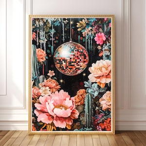 Diskokugel Blumen Kunst - Stimmungsvolle botanische Wanddekoration, Gothic Kaktusgarten Digital Download, mutiger Party Print, Maximalist Wandkunst