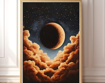 May include: A framed art print featuring a celestial scene. A large, textured, orange planet is centered against a dark blue starry sky. Fluffy, orange clouds frame the planet. The artwork is in a gold frame.