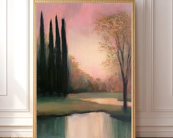 夢のような夕焼けの風景画：ヴィンテージの草原アート デジタル