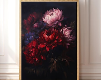 PRINTABLE Dark Floral Oil Painting, Gothic Coquette, Dark Cottagecore, Whimsigoth Decor, Moody Flower Victorian Wall Art, Jewel Tone Print