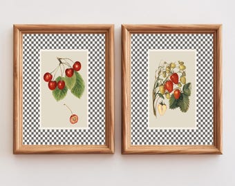 PRINTABLE Vintage Fruit Art Prints – Cherry & Strawberry Wall Art Set of 2, Cottagecore Kitchen Decor, Retro Botanical Digital Download