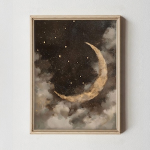 Witchy Moon Printable, Dark Academia Print, Gothic Wall Art, Cottagecore Decor, Rustic Celestial Painting (Digital Download)