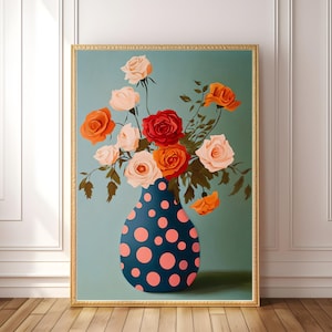 Arte de pared de rosas retro imprimible / Impresión de jarrón de lunares / Descarga digital floral llamativa / Decoración botánica de mediados de siglo / Arte de pared ecléctico