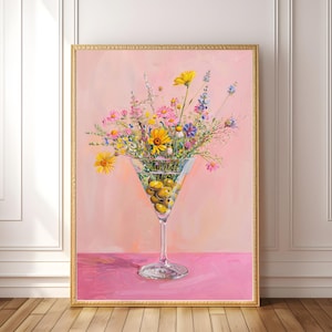 DRUCKBARE Blumen Martini Bar Warenkorb Poster, Preppy Wohnheim Dekor, Cocktail Retro Wand Kunst, trendige Drucke, Wohnung Maximalist wunderliche Dekor