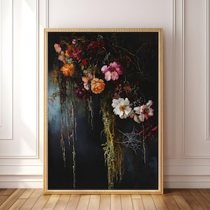 DRUCKBARE dunkle Blumen Gemälde, Spinnennetz Art, Moos Wand Kunst, viktorianische Blumen Print, Whimsigoth Dekor, Cottagecore Witchy Boho Moody Botanical