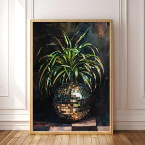 Diskokugel Stimmungsvolle botanische Kunst, Maximalist-Funky Kunstplakat, MCM-Wandkunst, eklektische Retro-Malerei, Housewarminggeschenk, Y2K-Druck