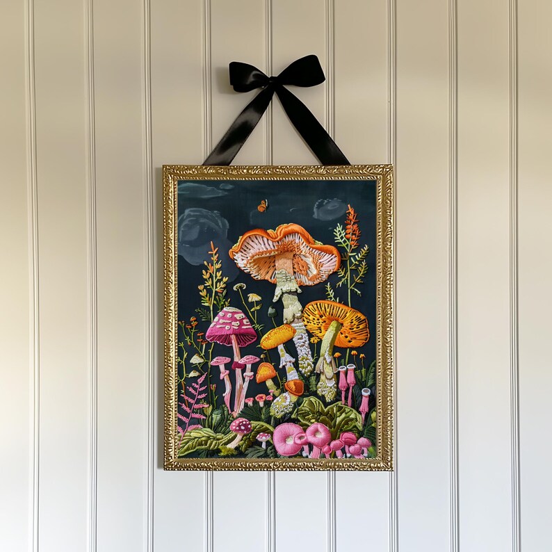May include: A framed print of a dark blue background with a variety of colorful mushrooms, including orange, pink, and yellow. The mushrooms are surrounded by green leaves and flowers.
