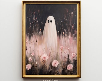May include: A framed painting featuring a ghost in a field of pink roses and tall grass. The ghost is white with two black oval eyes. The artwork has a dark background and is framed in a gold-colored frame. The text "GOTH HOUSE printery" is at the bottom.