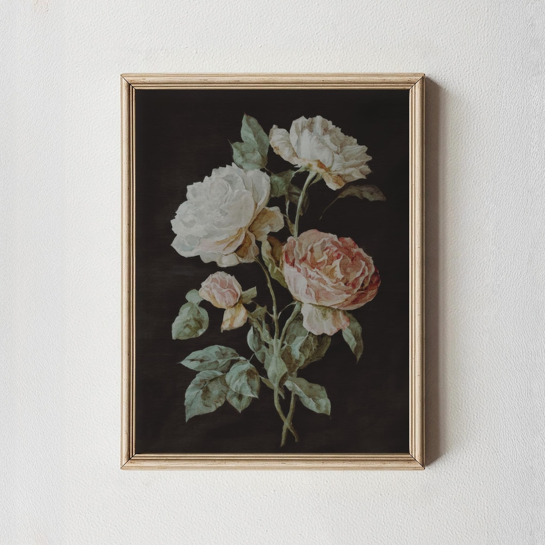 Vintage Dark Floral Printable Moody Botanical Wall Art | Antique Rose ...