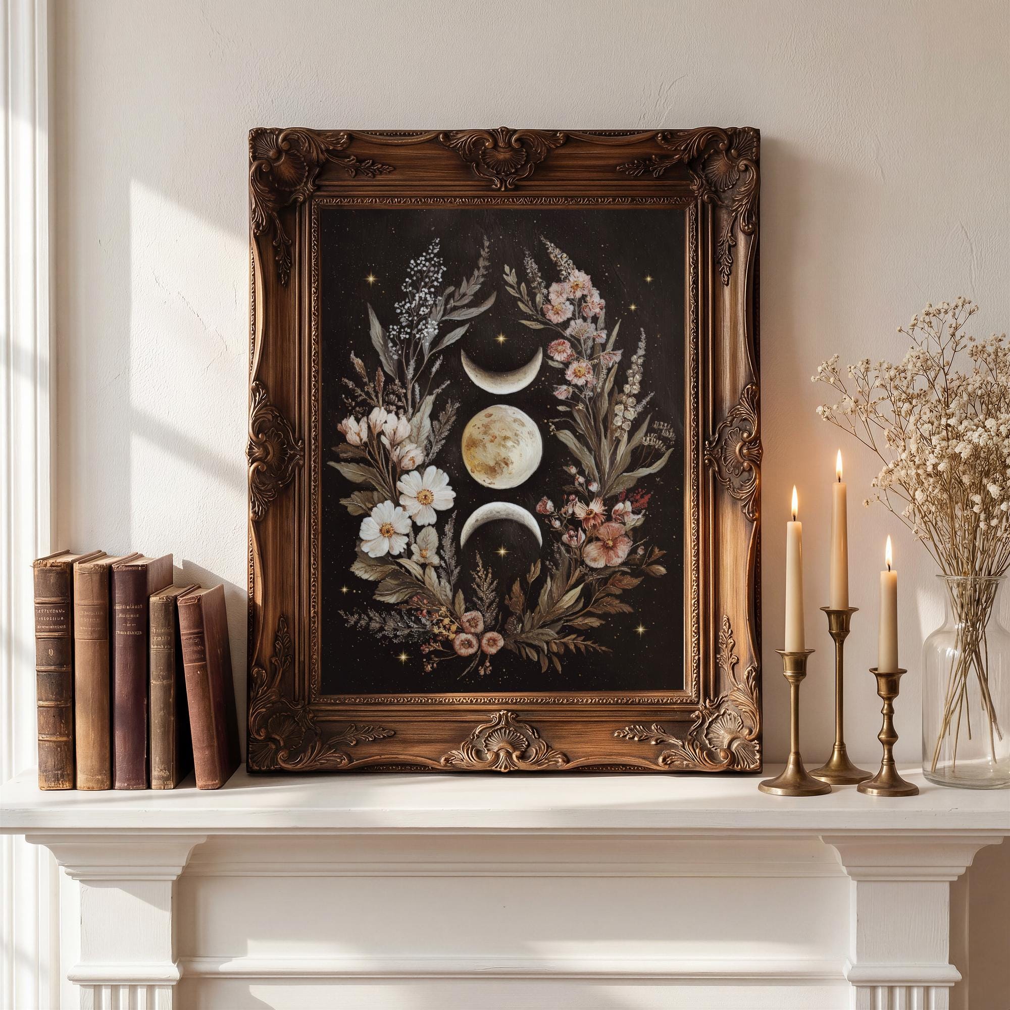 Triple Moon Goddess Wall Art Printable Botanical Lunar Phase Deco