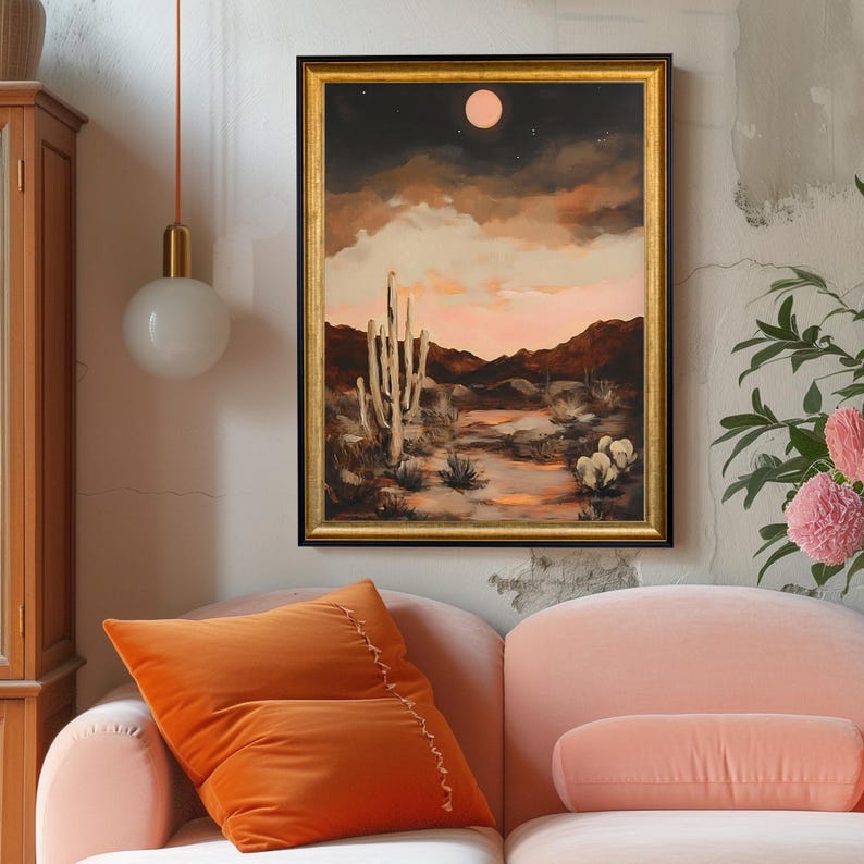 PRINTABLE Desert Moon Art – Moody Southwestern Cactus Landscape, Blush ...
