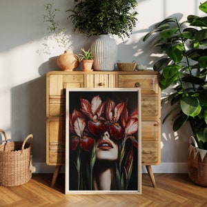 PRINTABLE Moody Floral Woman Portrait, Dark Feminine Art, Surreal Flower Print, Gothic Botanical Wall Art, Boho Eclectic Digital Download image 5