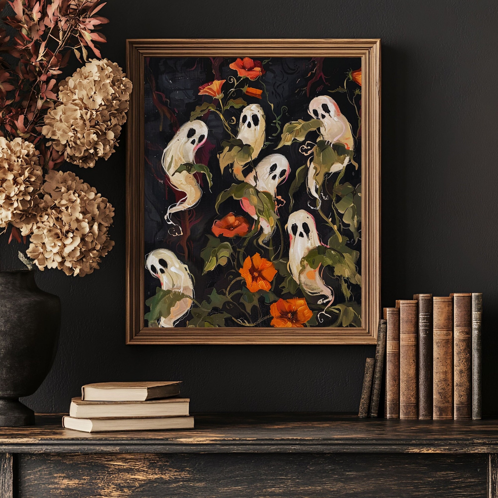 PRINTABLE Botanical Ghost Painting, Halloween Wall Decor, Enchanted Garden, Spooky Season, Moody Floral Print, Dark Cottagecore, Oddities