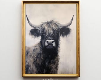 Highland Cow Print | Rustic Farmhouse Wall Art | Moody Black Cow | Nordic Country Decor | Black White Animal Portrait | Modern Rustic Print