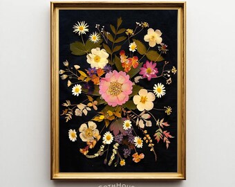Dark Pressed Flower Print | Vintage Herbarium | Flower Boho Decor | Black Botanical Wall Art | Dark Cottagecore Decor | Dark Floral Wall Art