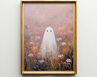 May include: A framed painting of a white ghost with black eyes standing in a field of pink and green flowers. The artwork has a gold frame and the text "GOTH HOUSE printery" at the bottom.