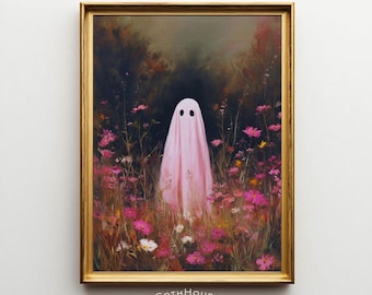 May include: A framed print featuring a pink ghost figure standing in a field of pink and white flowers. The artwork has a vintage aesthetic, with a gold frame and the text "GOTH HOUSE printery" at the bottom.