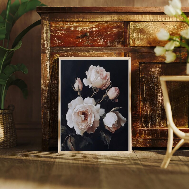 PRINTABLE Moody Floral Wall Art | White Roses Art Print | Dark ...