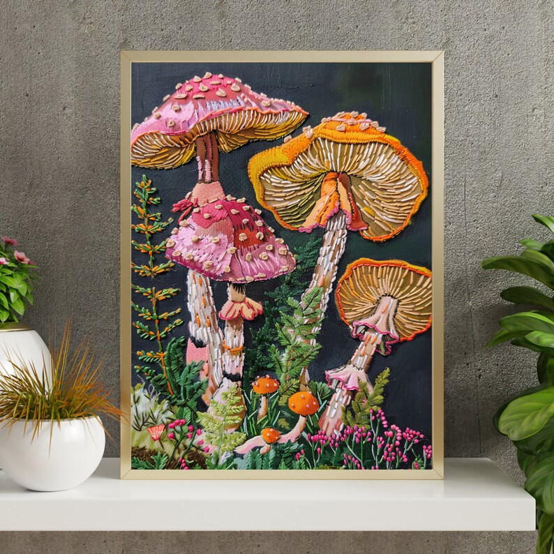 Puede incluir: Una obra de bordado enmarcada que presenta un grupo de setas coloridas con sombreros rosas, naranjas y amarillos sobre un fondo oscuro. Las setas est&aacute;n rodeadas de follaje verde y peque&ntilde;as flores rosas.