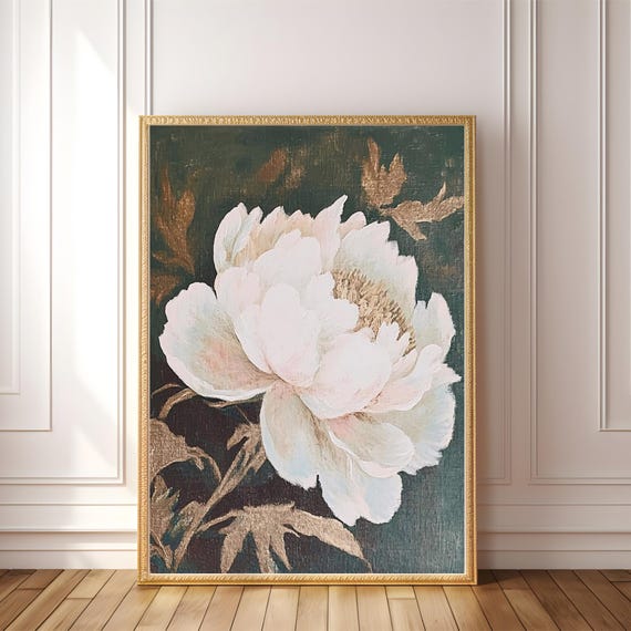 PRINTABLE Moody Floral Print, Peony Painting, Retro Eclectic Art, Spring Decor, Boho Flower Wall Art, Soft Pastel Art, Light Cottagecore