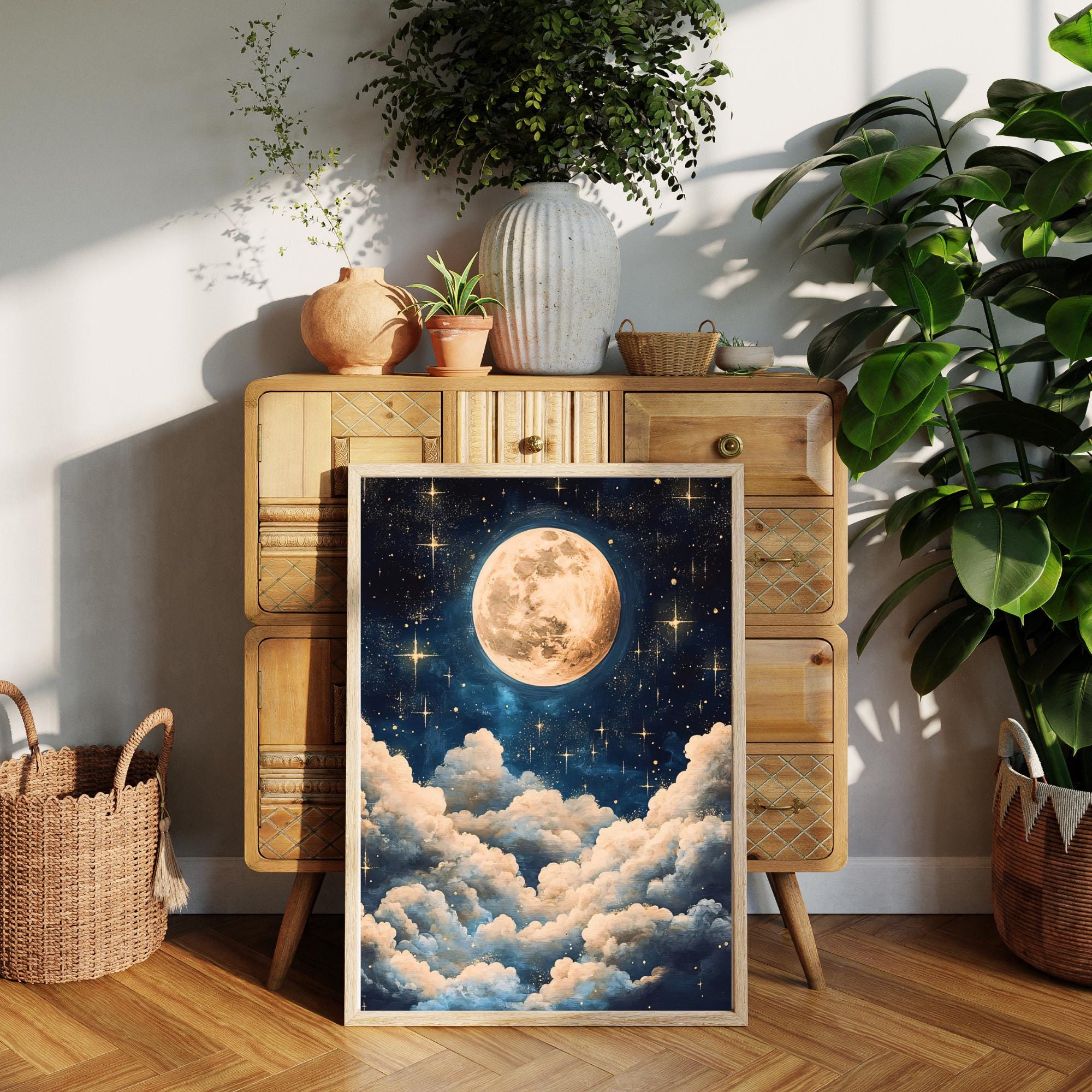 PRINTABLE Full Moon Wall Art – Celestial Night Sky With Glowing Stars ...