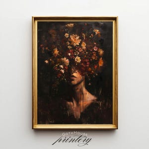 PRINTABLE Flower Head Surreal Portrait | Floral Face Woman Painting | Dark Boho Wall Art | Eclectic Moody Poster | Botanical Floral Print