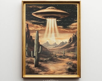 Arte OVNI del desierto para imprimir: decoración de pared extraterrestre del suroeste, descarga digital de paisaje de cactus de ciencia ficción melancólico, impresión de arte surrealista del oeste, Área 51